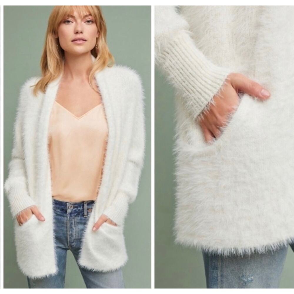 Knitted & Knotted Anthropologie Ivory Fuzzy Eyelash Knit Duster Cardigan Size L